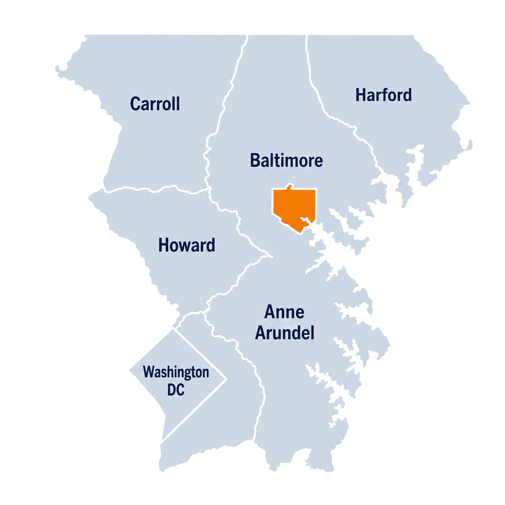 Highlighted service area map covering the Baltimore metro area